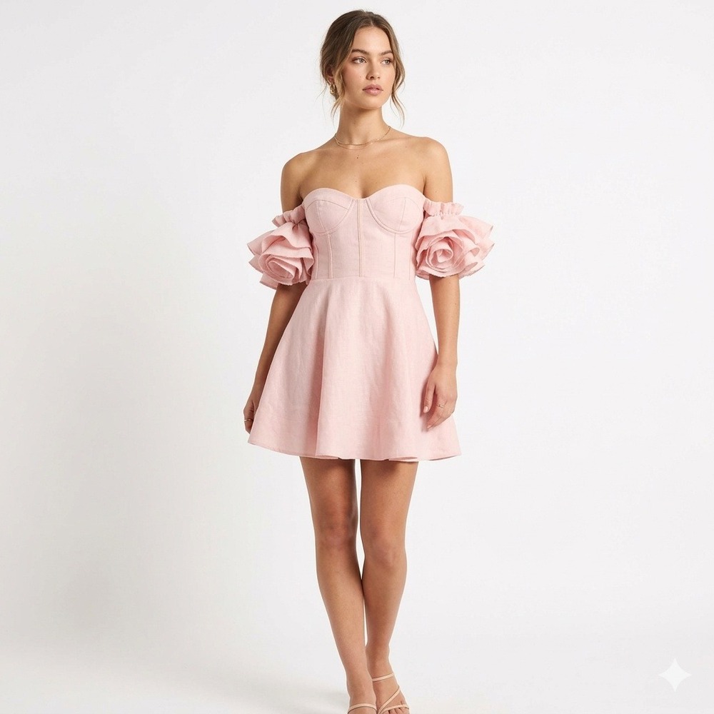 Bardot Pink Linen Corset Mini Dress Women XL US 10 Ruffle Off Shoulder Coquette